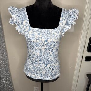 Floral Toile Square-Neck Ruffle Sleeve Top - White & Blue